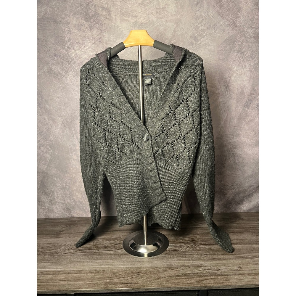 BCBGMAXAZRIA Hooded Pointelle Knit Wool Blend Cardigan Single Button Gray Medium